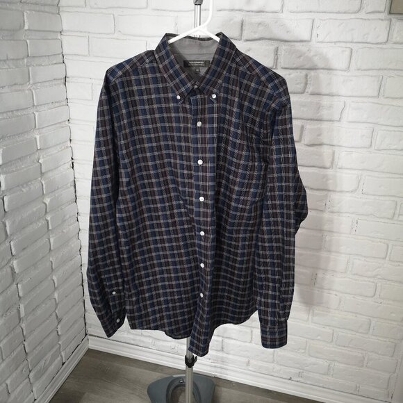 Denver Hayes Men's Size Large Navy Brown & White Button Front Plaid Shirt - Picture 1 of 9